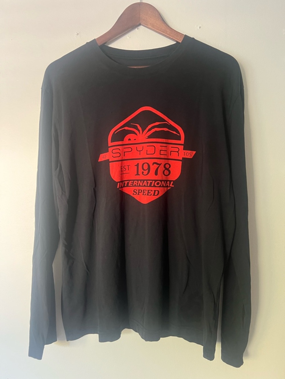 Spyder Men’s Black Long Sleeve Tee with Red Logo and trim , Size Large